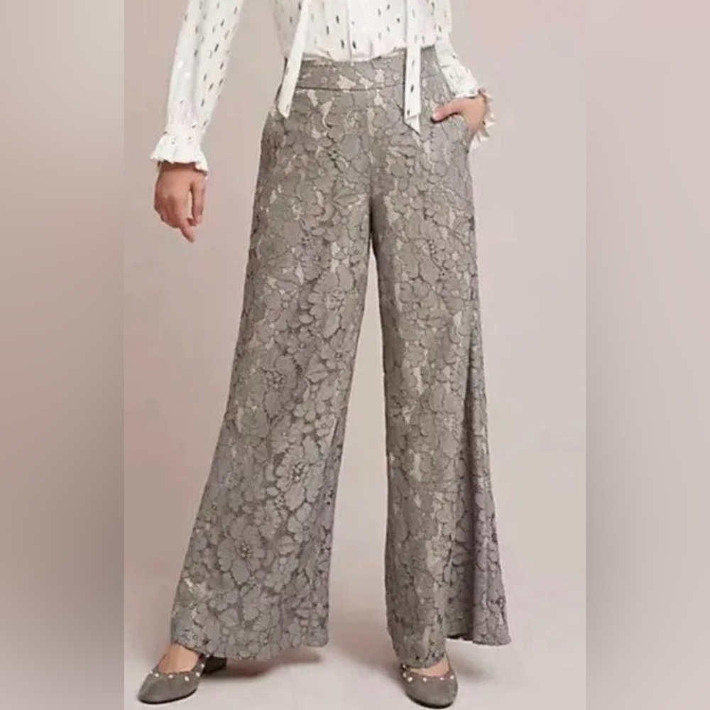 Anthropologie Feather Bone Viivi Gray Lace High Waist Palazzo Wide Leg Pants XS